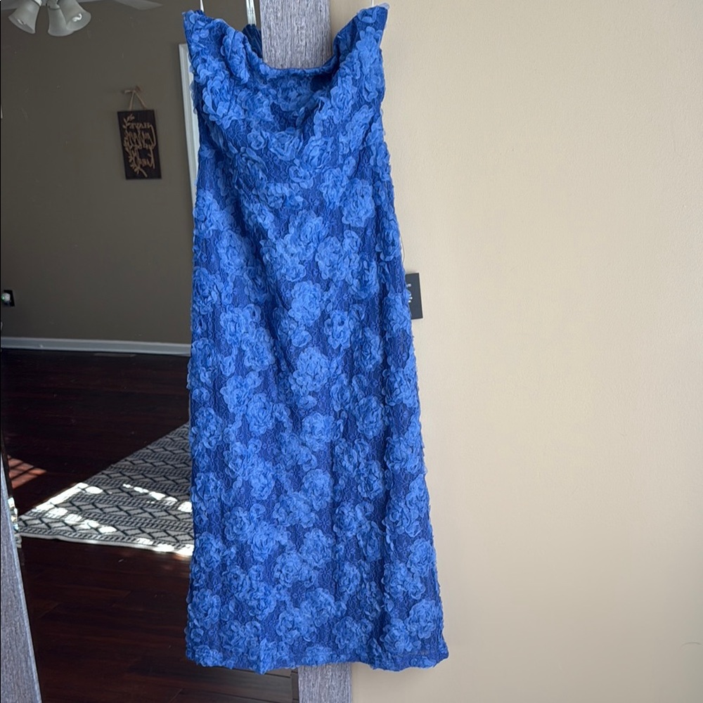 Lulus Flawless Perfection Blue Floral Appliqué Strapless Midi Dress